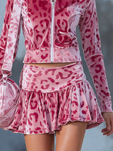 Pink Leopard Print Jacket And Velvet Skirt Set