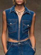 Casual Retro Dark Blue Denim Vest And Workwear Skirt Set