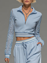 Lace Long-sleeved Zip-up Cropped Top And Wide-leg Pants Set