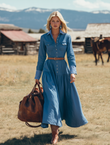 Western-style Blue Denim Patchwork With Partial Plaid Pattern And Buttons Maxi Dress