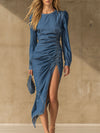 Elegant Round-neck, Side-ruched Denim Long-sleeved Midi Dress