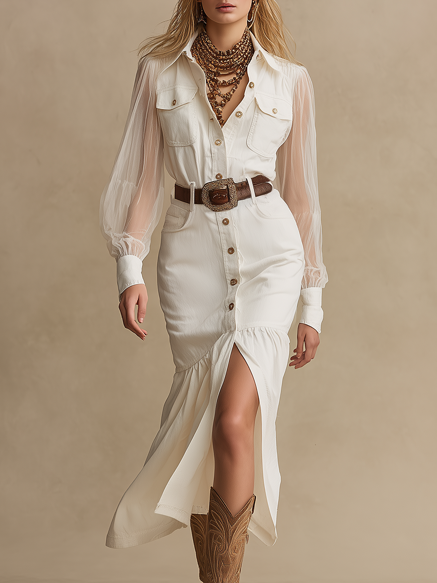 Vintage Western Front Button Transparent Long Sleeve White Denim Midi Dress