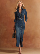 Casual Retro Blue Lapel Denim Midi Dress