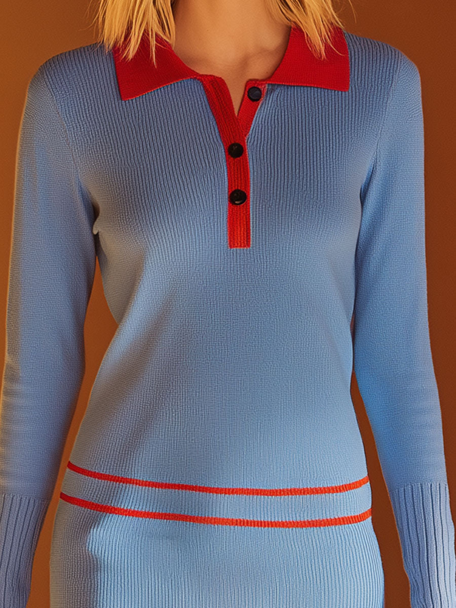 Stylish Red-collared And Piped Blue Knitted Mini Dress