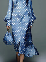 Elegant Retro Tie-up V-neck Lantern Sleeves White Polka Dot Print Blue Satin Midi Dress