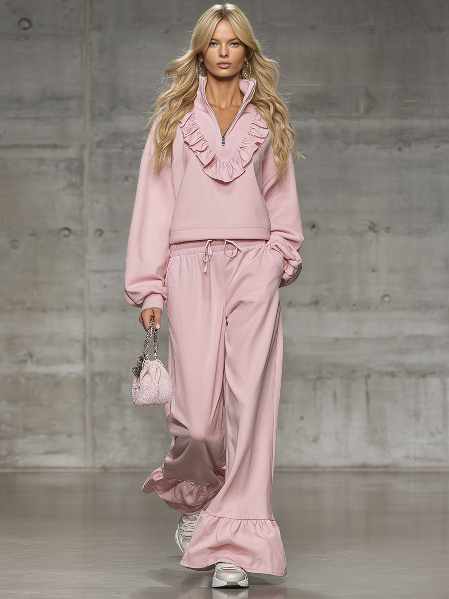 Loose-fitting Stand-up Collar Half-zip Ruffle Sweatshirt And Casual Pants Set