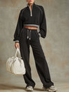 Sporty Retro Striped Black Cotton Long-Sleeve Sweatshirt And Wide-Leg Pants Set
