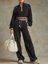 Sporty Retro Striped Black Cotton Long-Sleeve Sweatshirt And Wide-Leg Pants Set
