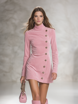 Retro-style Stand-up Collar Decorative Buttons Faux Suede Mini Dress