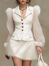 Fashionable Retro White Polka Dot Tulle Long-sleeved PU Suit Skirt Set