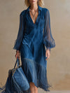 Elegant Silhouette Blue Faux Suede Tassel Tulle Long-sleeved Midi Dress