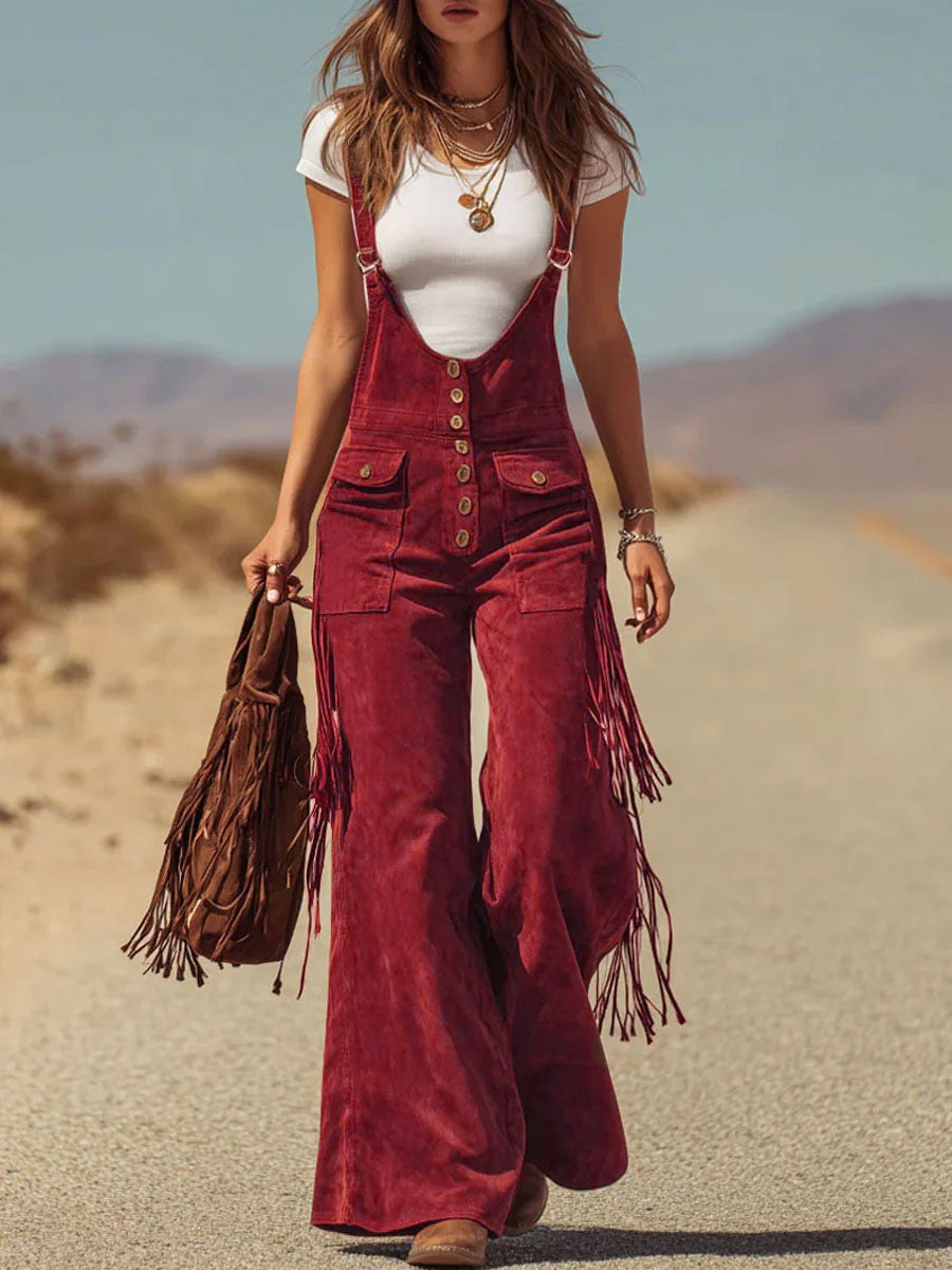 Brown Micro-suede Pocket Tassel Wide-leg Overalls