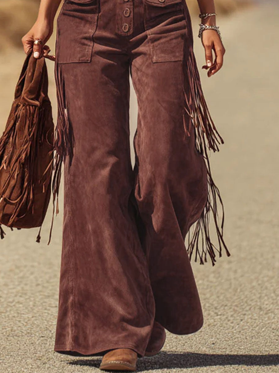 Brown Micro-suede Pocket Tassel Wide-leg Overalls