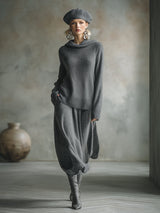 Elegant Minimalist Gray Hooded Sweater Skirt Set