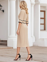 【24-hour shipping out】Elegant And Stylish Black Line Trim Khaki Midi Dress