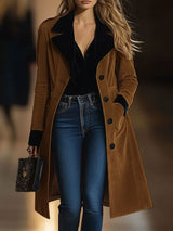 【24-hour shipping out】Casual Loose Vintage Caramel Suede Black Lapel Single Breasted Coat