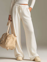 Fashionable Sporty White Knit Ribbed Crew Neck Top And Wide-leg Pants Set