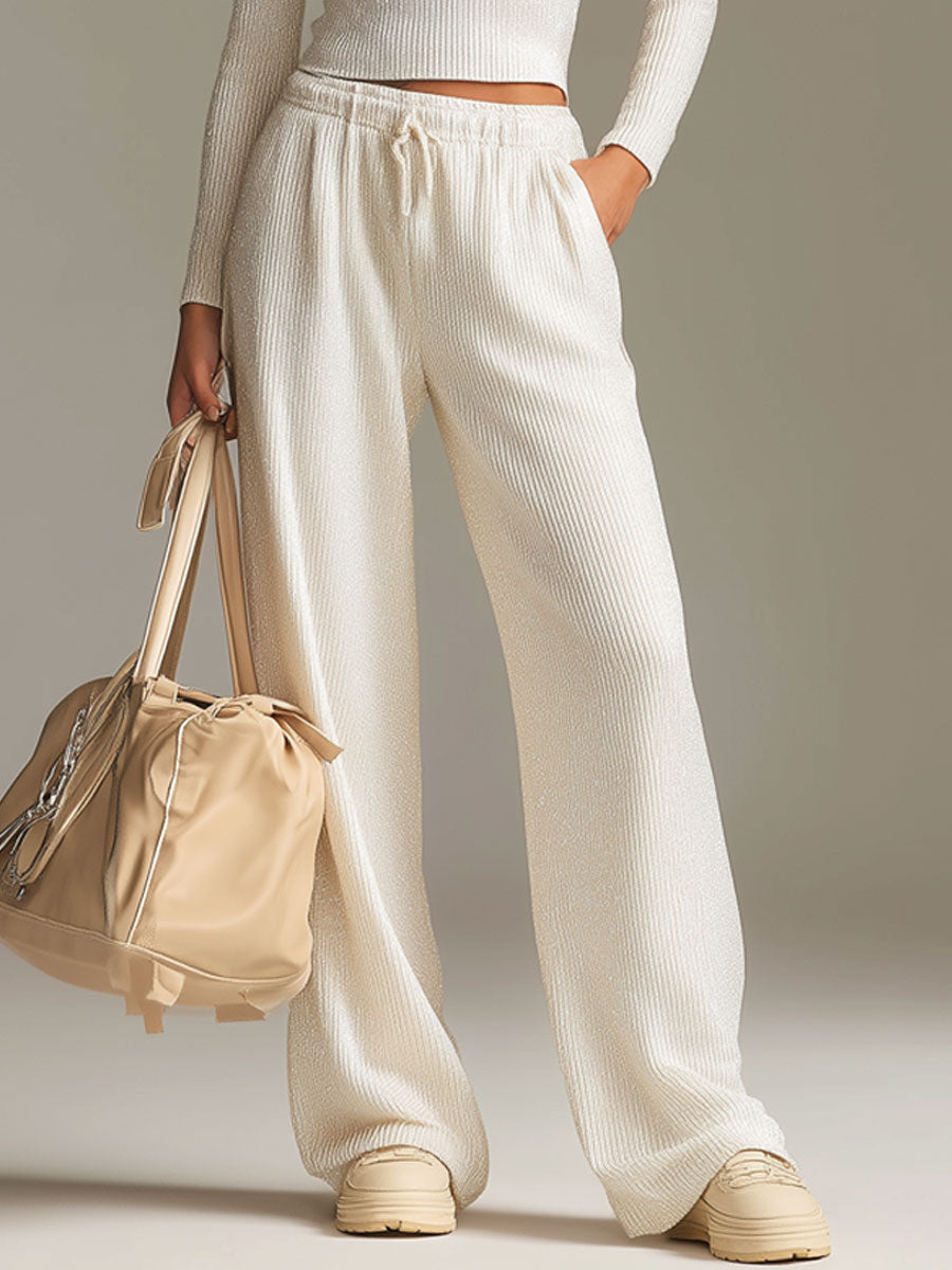Fashionable Sporty White Knit Ribbed Crew Neck Top And Wide-leg Pants Set