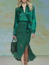 Stylish And Elegant Green Satin Blouse And Lace Skirt Set