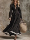 Western-style Black Linen With Button Closure And Lace Detailing Maxi Dress