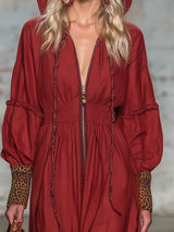Western-style Red Linen Zip-up Hooded With Partial Leopard Print Maxi Dress