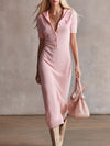 Elegant Retro Sporty Hooded V-neck Front-button Short-sleeved Light Pink Terry Cloth Midi Dress