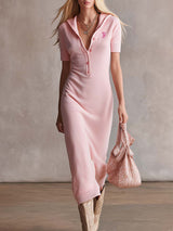 Elegant Retro Sporty Hooded V-neck Front-button Short-sleeved Light Pink Terry Cloth Midi Dress