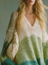 Elegant Comfortable Lazy V-neck Green And White Striped Color-block Knitted Mini Dress