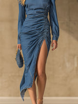 Elegant Round-neck, Side-ruched Denim Long-sleeved Midi Dress