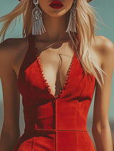 【24-hour shipping out】Elegant And Fashionable Western V-Neck Red Suede Tassel Mini Dress