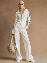 Sporty Retro Ribbed White Knitted Ribbed Long-Sleeve Top And Wide-Leg Pants Set