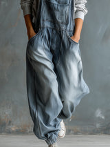 Casual Retro Washed Denim Blue Pocket Overalls