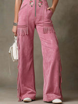 Western-style Retro Floral Embroidered Pink Faux Suede Sleeveless Tassel Jumpsuit