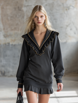 Retro Sporty V-neck Ruffle Mini Sweatshirt Dress