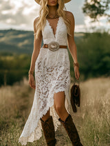 【24-hour shipping out】Vintage Elegant Western White Lace Bias Cut Maxi Dress