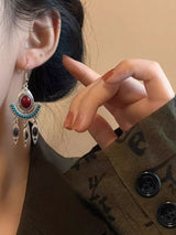 Retro Ethnic Style Turquoise Tassel Pendant Earrings