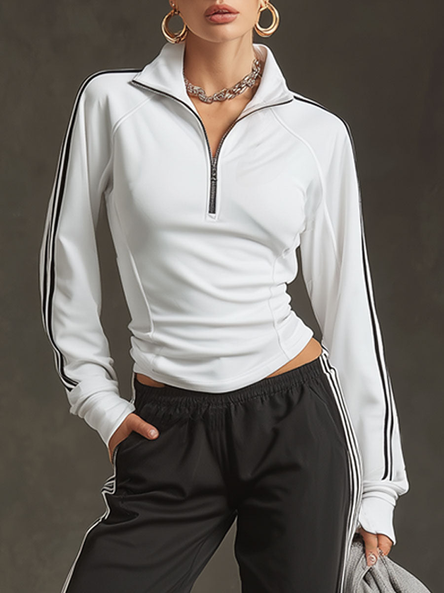 Sporty Retro Striped Black-White Long-sleeved Sweatshirt And Wide-leg Pants Set