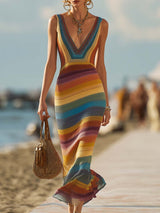 【24-hour shipping out】Retro Western Style V-Neck Colorful Striped Breathable Knitted Maxi Dress
