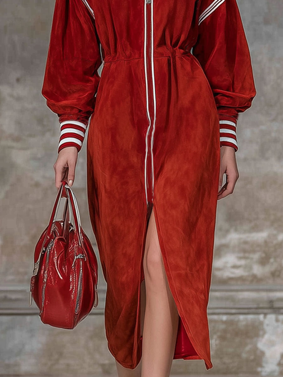 Loose Color-blocked Woven Ribbon Long-zippered Hooded Faux Suede Long-sleeved Midi Dress