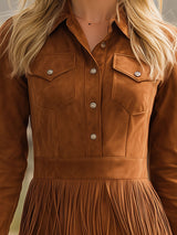 Western-style Vintage Brown Fringed Faux Suede Mini Dress