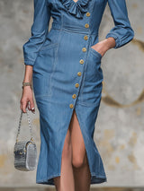Retro V-neck Ruffled Denim Side-slit Long-sleeved Midi Dress
