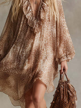Elegant Vintage Western Ruffled V-neck Leopard Print Beige Chiffon Mini Dress
