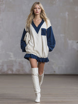 Loose-fitting Color-blocked Half-zip Long-sleeved Athletic Mini Dress