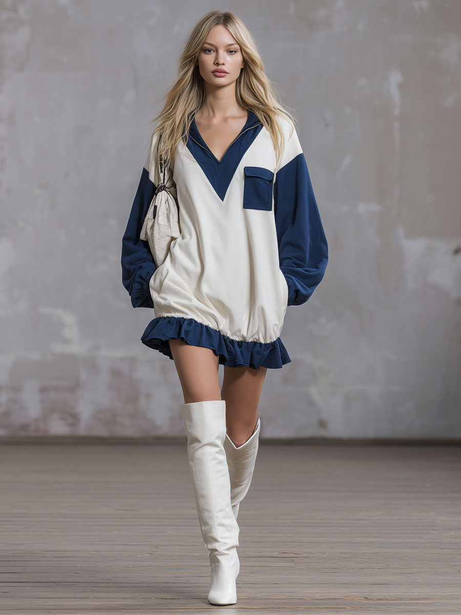 Loose-fitting Color-blocked Half-zip Long-sleeved Athletic Mini Dress