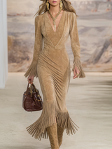 Retro Western Style V-neck Fringed Faux Suede Maxi Dress