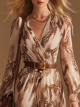 Elegant And Flowing V-Neck Brown Snake Print White Chiffon Midi Dress