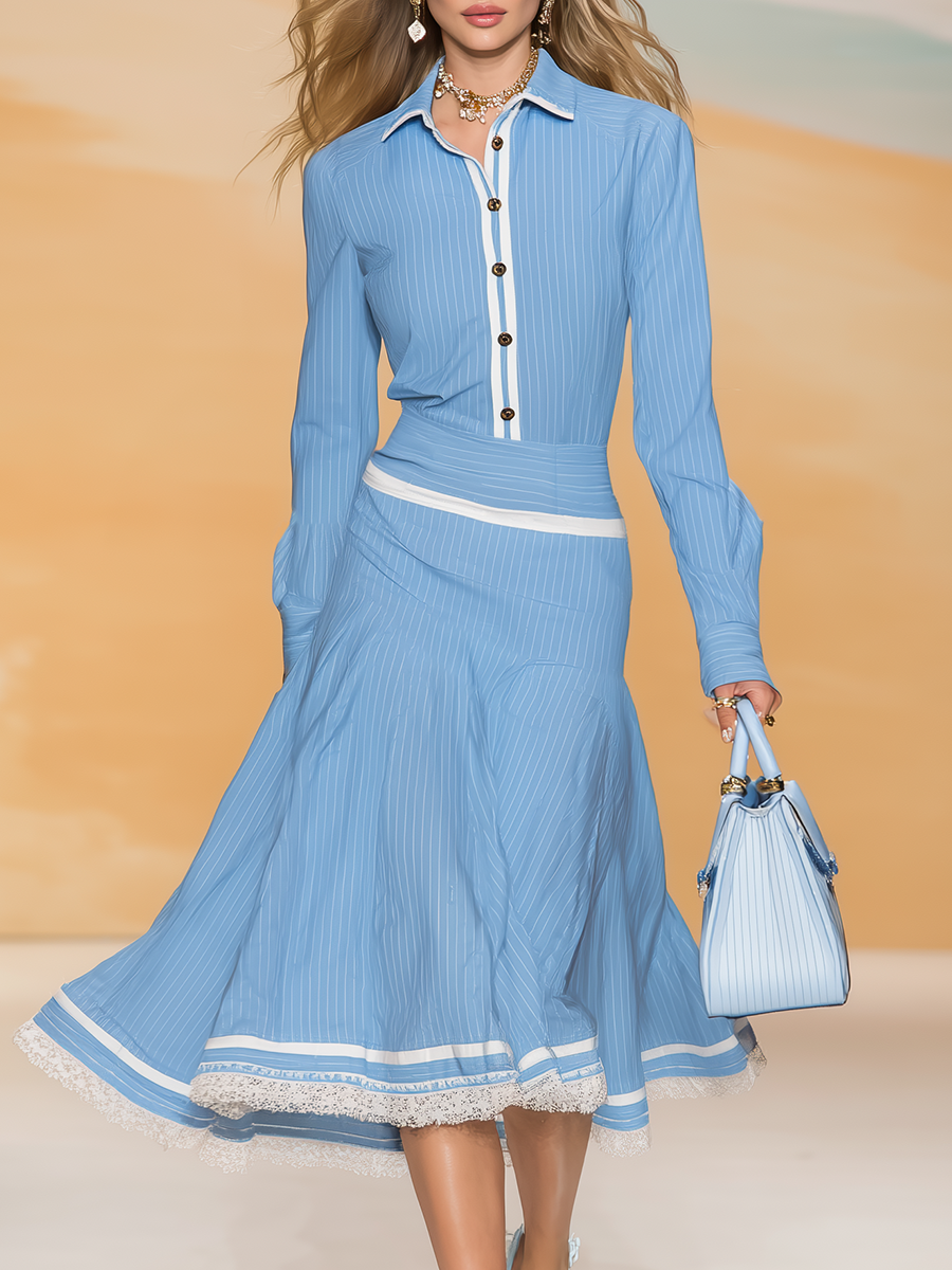 Elegant Urban Striped Shirt And Skirt Set