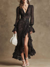Elegant Retro Long-sleeved V-neck Slit Ruffled Black Lace Maxi Dress