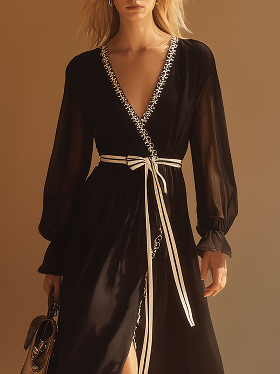 Vintage Lace-Trimmed Black Chiffon V-Neck Midi Dress