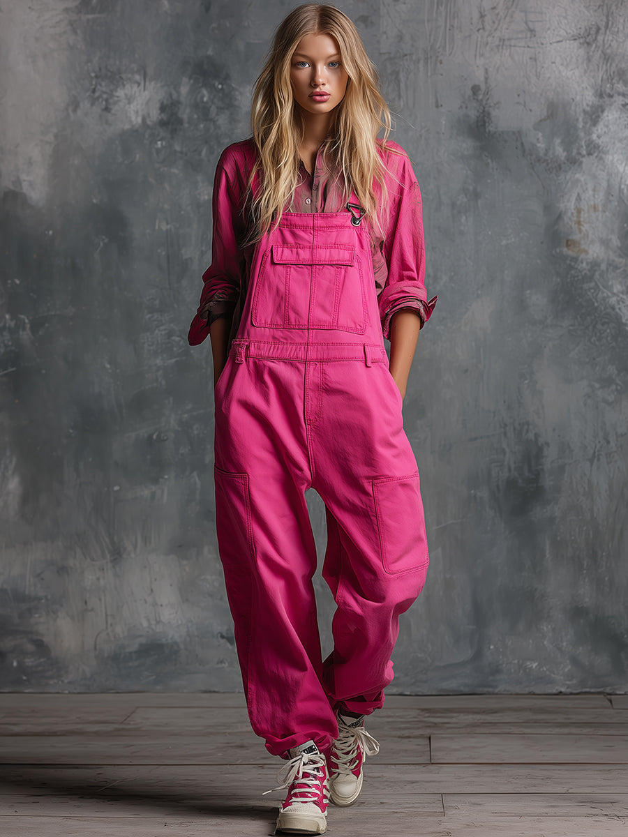 Casual And Stylish Multi-pocket Rose Pink Washed Cotton Overalls